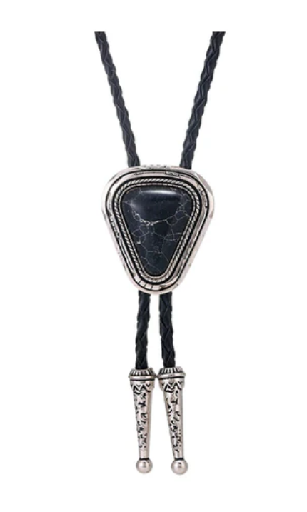 Triangle Black Onyx Western Cowboy Bolo Tie Necklace