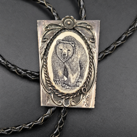 Signed Vintage Bear Scrimshaw Southwestern Bolo Tie