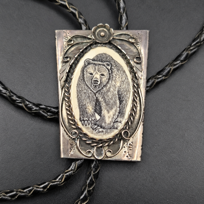 Signed Vintage Bear Scrimshaw Southwestern Bolo Tie