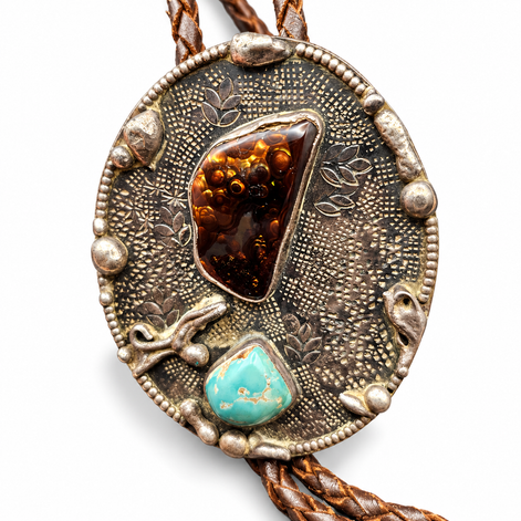 Vintage Signed JJH Sterling Silver Turquoise & Agate Bolo Tie