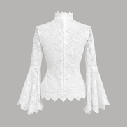 Back view of The Moonlit Lace Blouse showing intricate ivory lace, a concealed back zipper, fitted waist, and elegant Victorian-inspired tailoring.