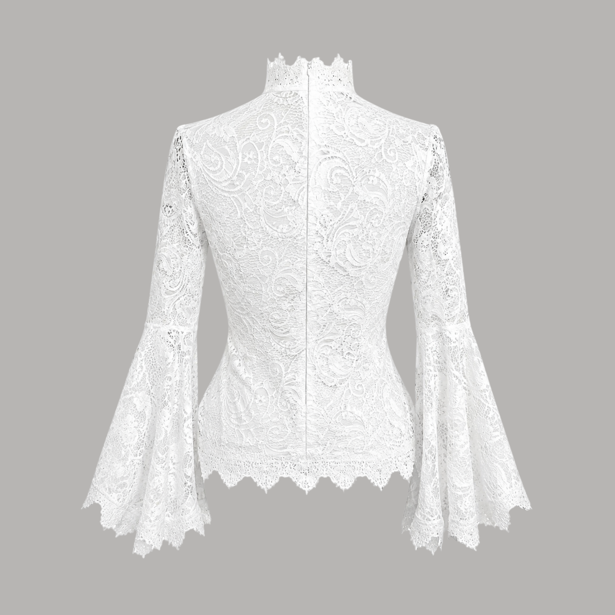 Back view of The Moonlit Lace Blouse showing intricate ivory lace, a concealed back zipper, fitted waist, and elegant Victorian-inspired tailoring.