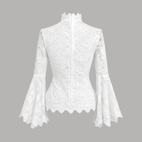Back view of The Moonlit Lace Blouse showing intricate ivory lace, a concealed back zipper, fitted waist, and elegant Victorian-inspired tailoring.
