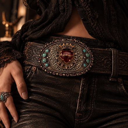 Barbosa Crowned Sacred Heart Turquoise Collector Belt Buckle