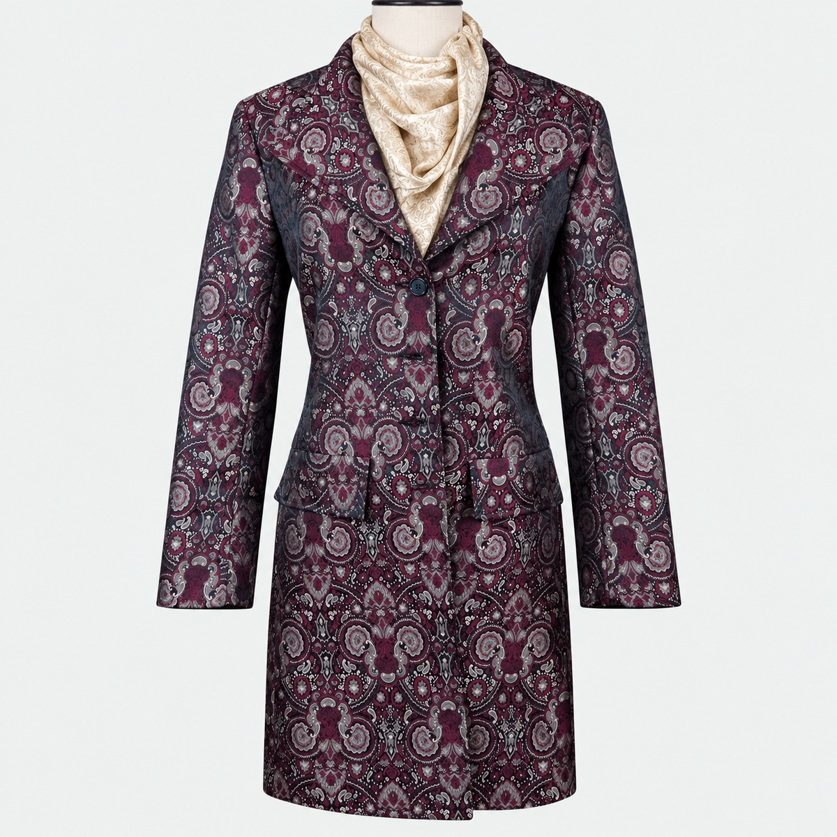 Women's Burgundy Paisley Brocade Tailored Frock Coat