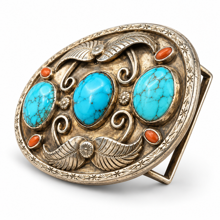 Vintage Southwestern Turquoise & Coral Statement Belt Buckle