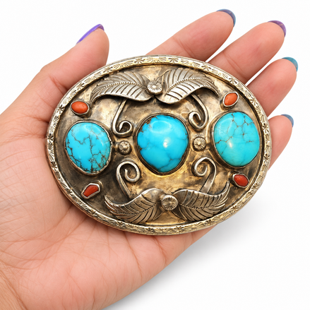 Vintage Southwestern Turquoise & Coral Statement Belt Buckle