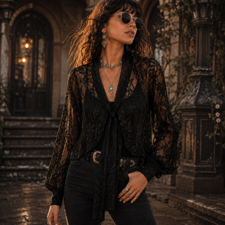 The Midnight Veil Lace Tie Blouse