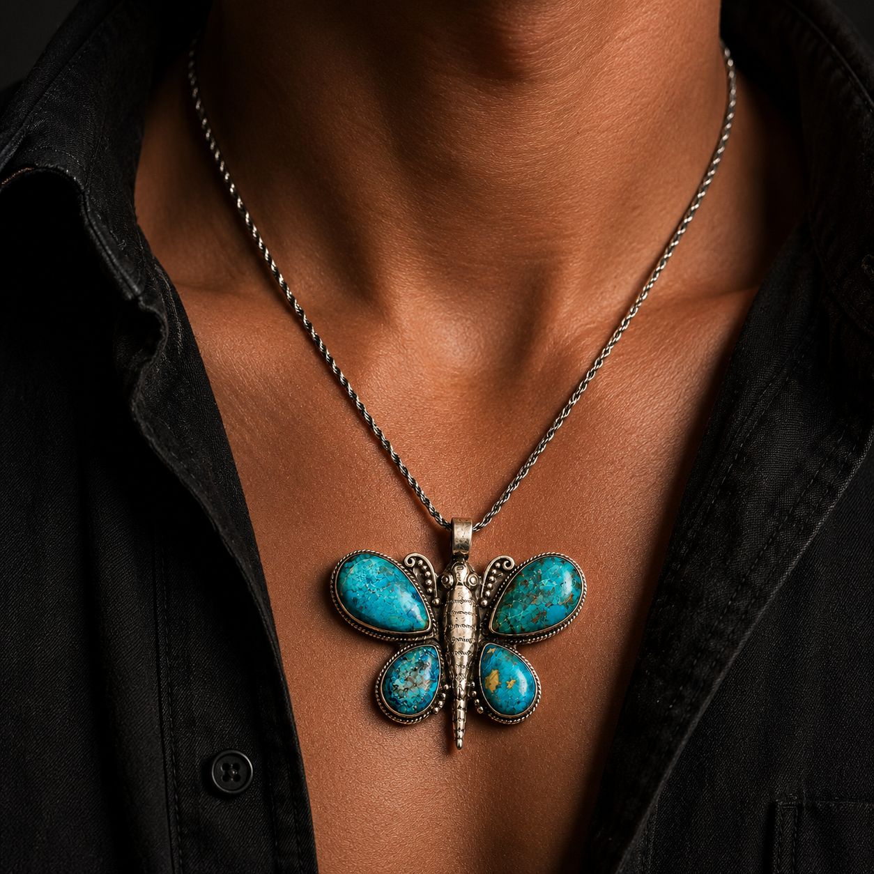 Large Butterfly with Turquoise Drops Pendant