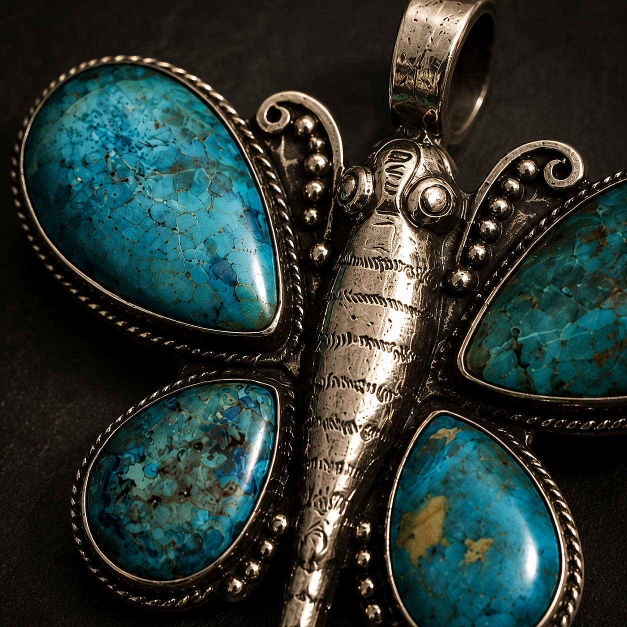 Large Butterfly with Turquoise Drops Pendant