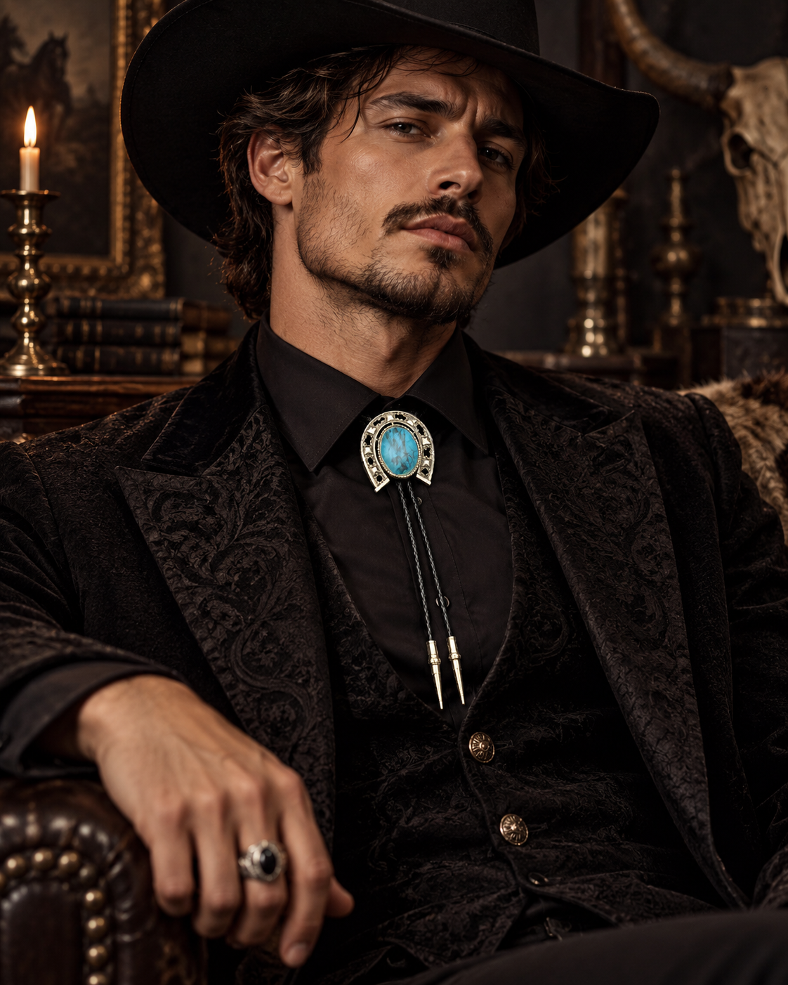 Western Horseshoe Blue Stone Fashion Bolo Tie
