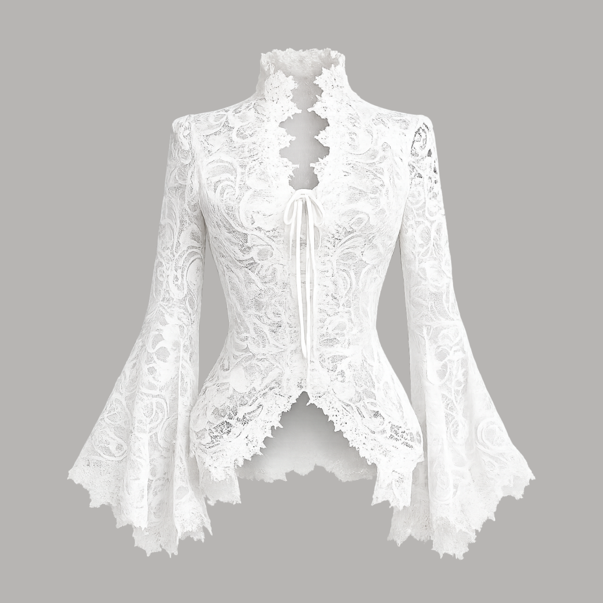 Front view of The Moonlit Lace Blouse by Iron & Iris featuring ivory floral lace, a flattering V-neckline, dramatic bell sleeves, and a Neo-Victorian silhouette.
