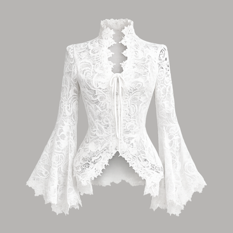 Front view of The Moonlit Lace Blouse by Iron & Iris featuring ivory floral lace, a flattering V-neckline, dramatic bell sleeves, and a Neo-Victorian silhouette.