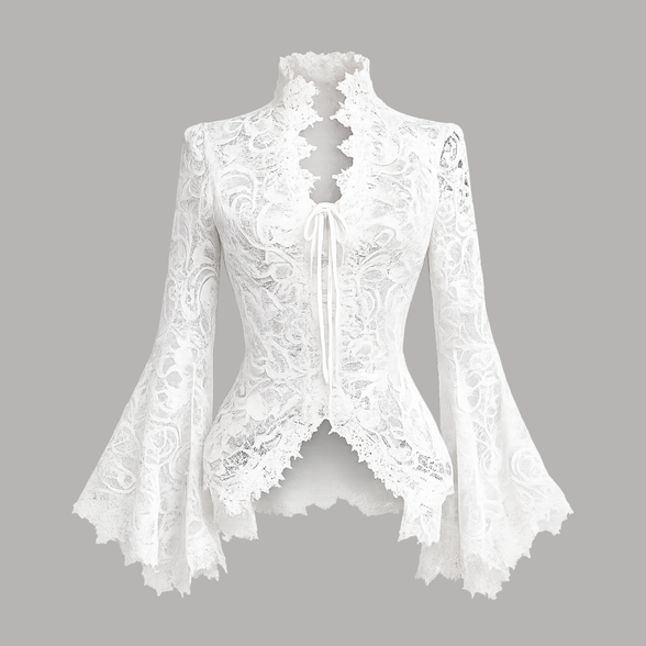 Front view of The Moonlit Lace Blouse by Iron & Iris featuring ivory floral lace, a flattering V-neckline, dramatic bell sleeves, and a Neo-Victorian silhouette.