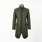Women’s olive luxury military coat by Iron & Iris with sculpted tailored silhouette