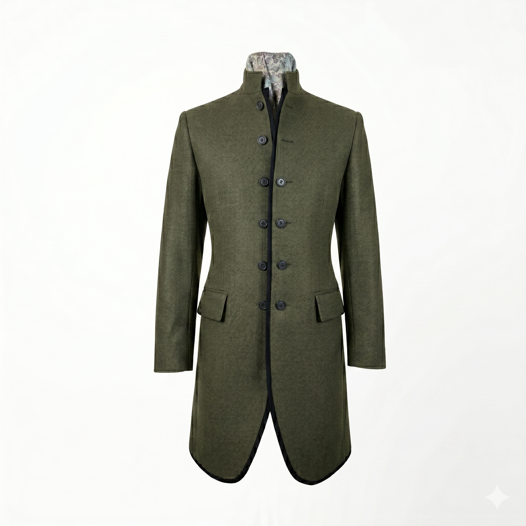 Women’s olive luxury military coat by Iron & Iris with sculpted tailored silhouette