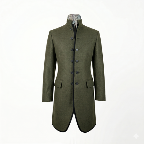 Women’s olive luxury military coat by Iron & Iris with sculpted tailored silhouette