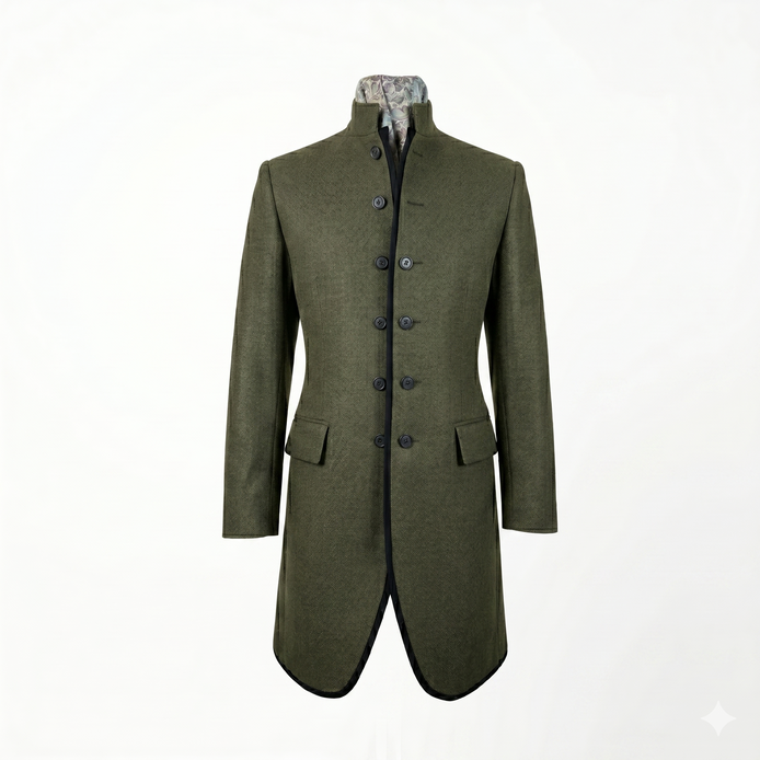Women’s olive luxury military coat by Iron & Iris with sculpted tailored silhouette