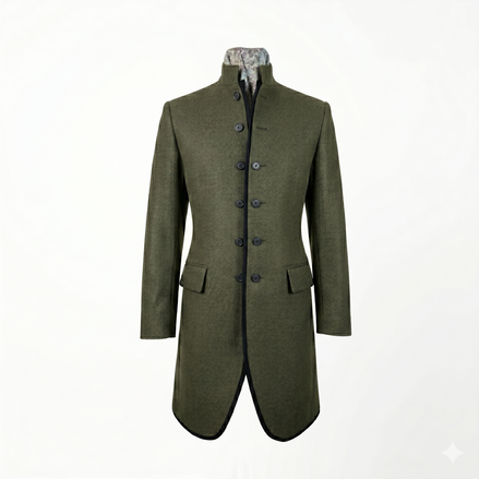 Women’s olive luxury military coat by Iron & Iris with sculpted tailored silhouette