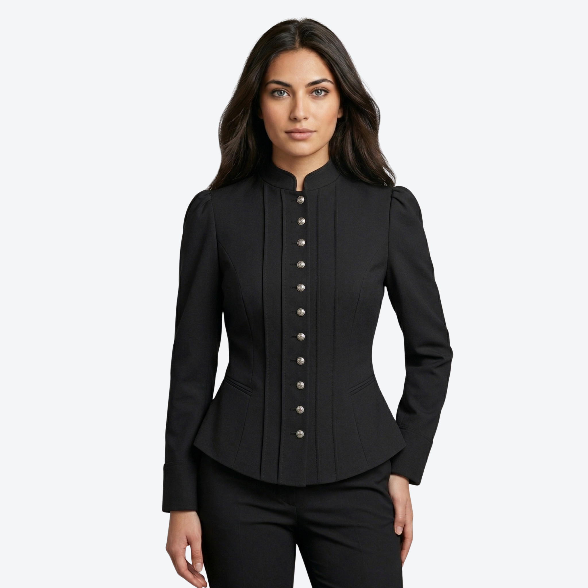 Women’s black luxury peplum jacket by Iron & Iris with Neo-Victorian tailored silhouette