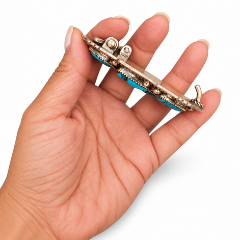 Vintage Navajo Sterling Silver Turquoise Cluster Belt Buckle Sky Blue – Signed MT