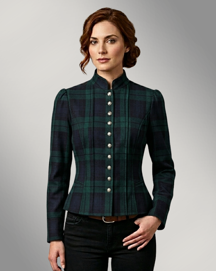 Women’s luxury peplum jacket in Midnight Watch by Iron & Iris with sculpted Neo-Victorian tailoring