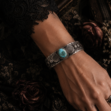 K Billah Sterling Silver Turquoise Fan Collector Cuff
