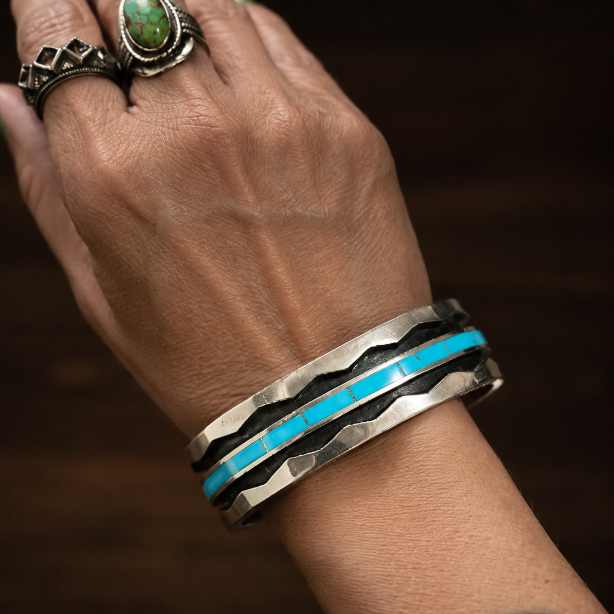 Larry Loretto Sterling Silver Turquoise Inlay Collector Cuff