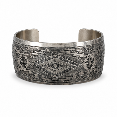 Michael Taho Sterling Silver Navajo Stamped Collector Cuff