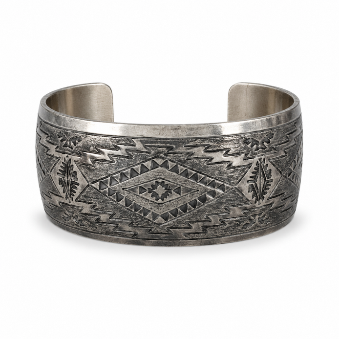 Michael Taho Sterling Silver Navajo Stamped Collector Cuff