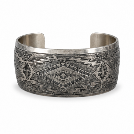 Michael Taho Sterling Silver Navajo Stamped Collector Cuff