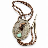 Vintage Signed JJH Sterling Silver Turquoise & Agate Bolo Tie