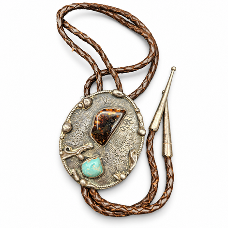 Vintage Signed JJH Sterling Silver Turquoise & Agate Bolo Tie