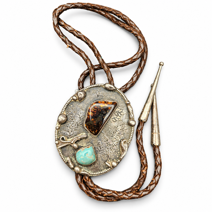 Vintage Signed JJH Sterling Silver Turquoise & Agate Bolo Tie