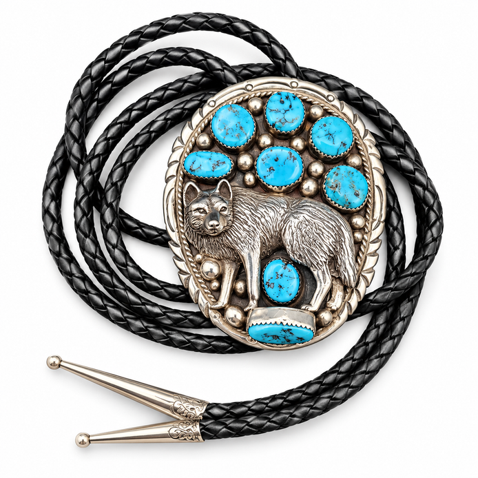 Tommy Moore Navajo Sterling Silver Turquoise Wolf Bolo Tie