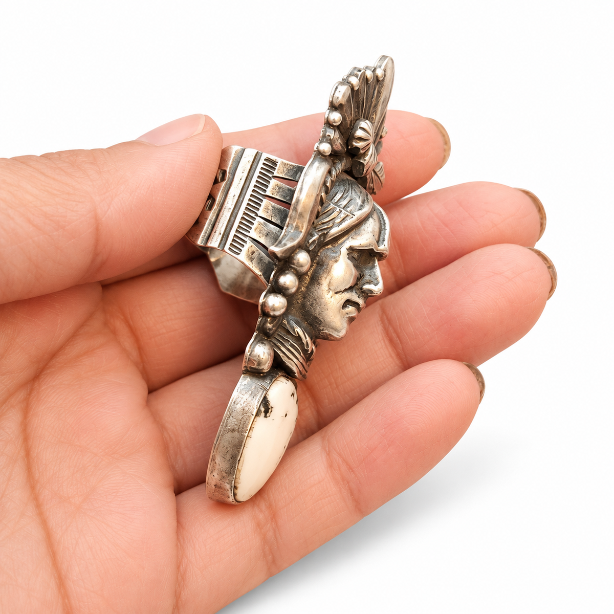 R. Livingston Sterling Silver White Stone Native Portrait Statement Ring