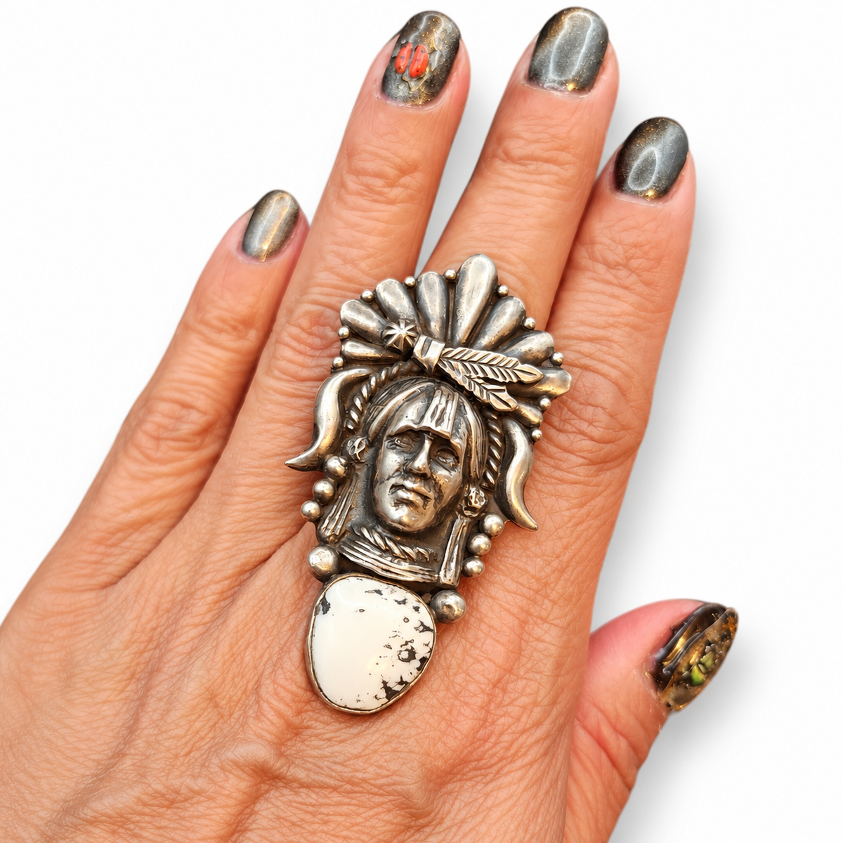 R. Livingston Sterling Silver White Stone Native Portrait Statement Ring