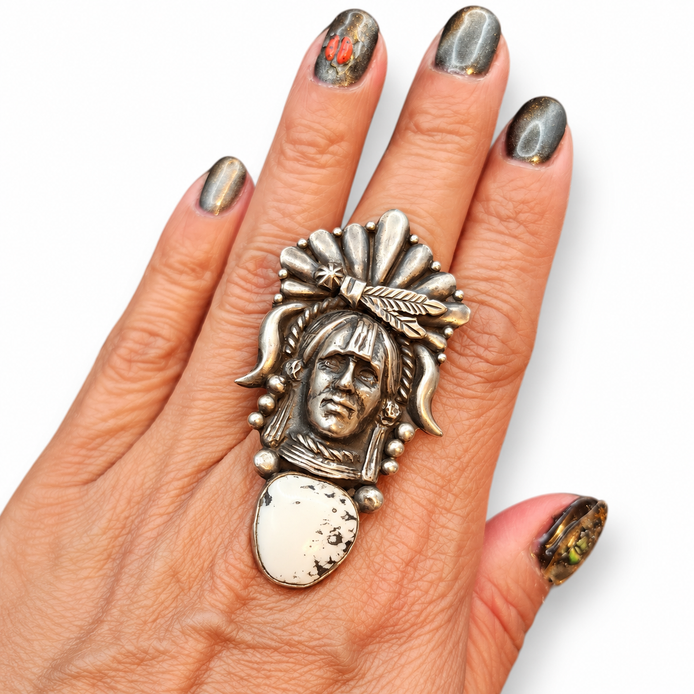R. Livingston Sterling Silver White Stone Native Portrait Statement Ring