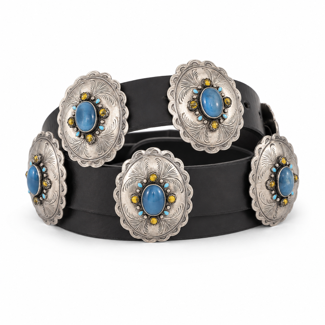 Oval Scallop Blue Onyx & Citrine Rose Concho Belt