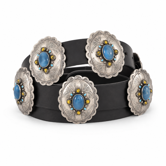Oval Scallop Blue Onyx & Citrine Rose Concho Belt