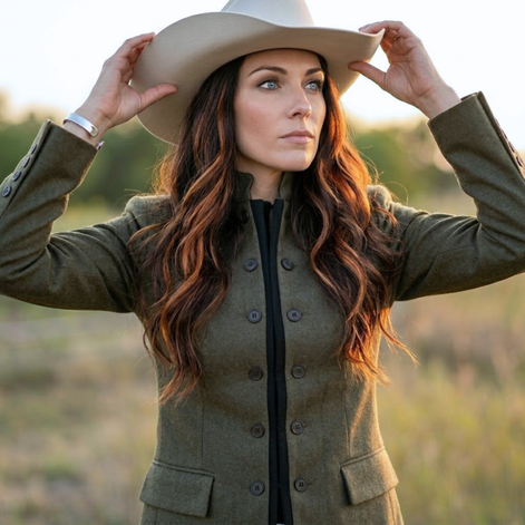 Women’s olive luxury military coat by Iron & Iris with sculpted tailored silhouette