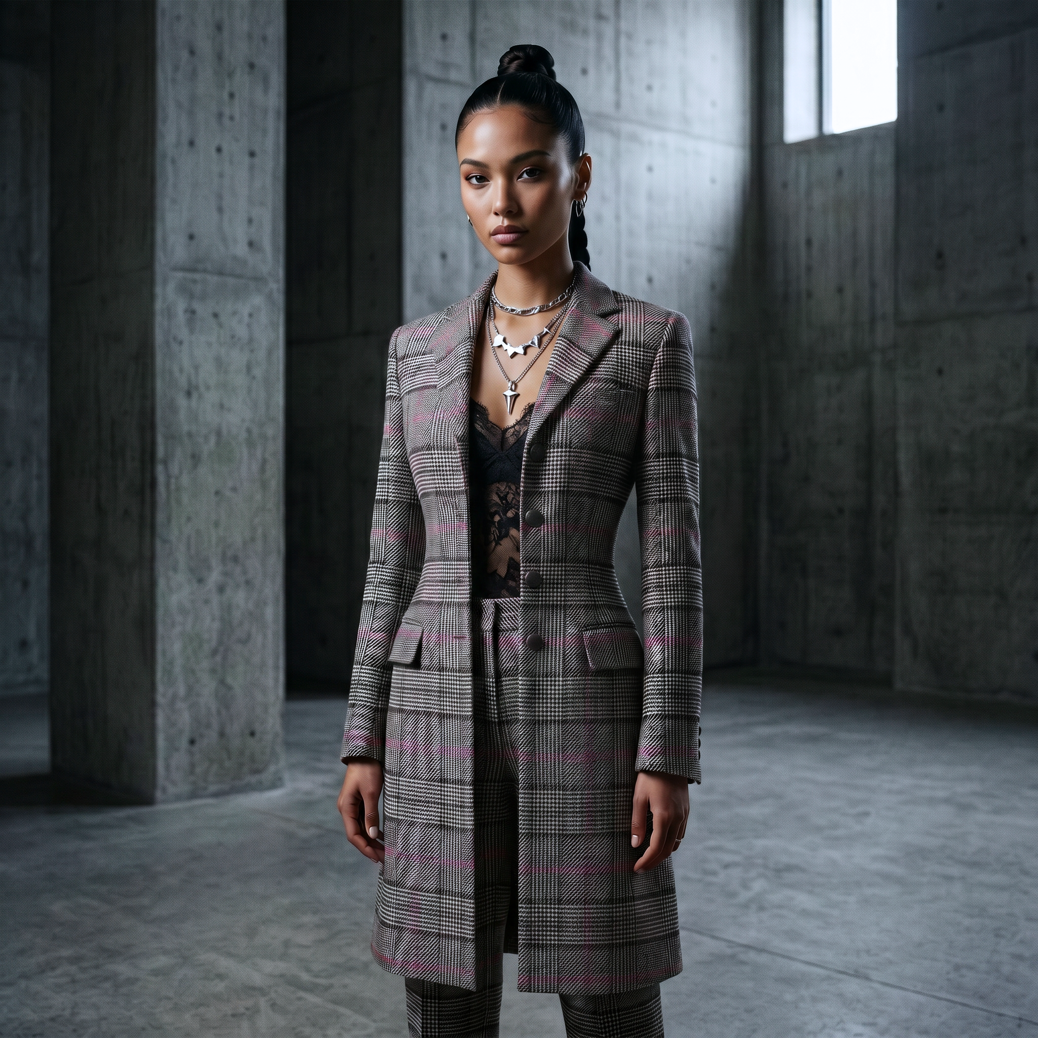 Women’s luxury frock coat by Iron & Iris in Electrik Neon Rose with Neo-Victorian tailored silhouette