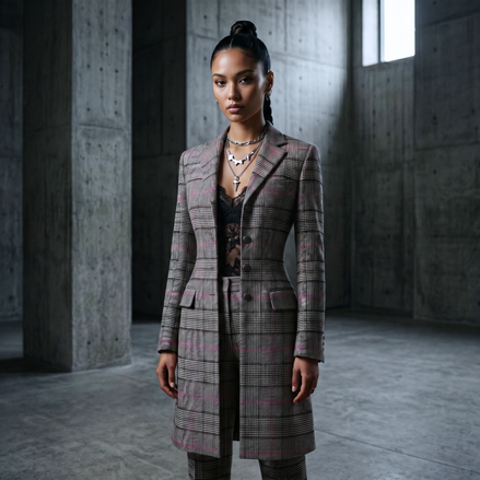 Women’s luxury frock coat by Iron & Iris in Electrik Neon Rose with Neo-Victorian tailored silhouette