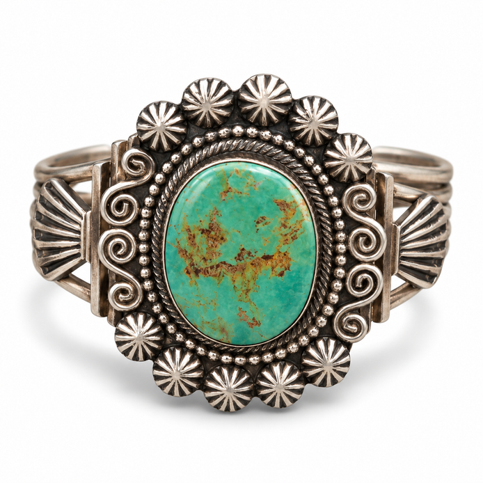 Signed JM Navajo Sterling Silver Natural Turquoise Collector Cuff
