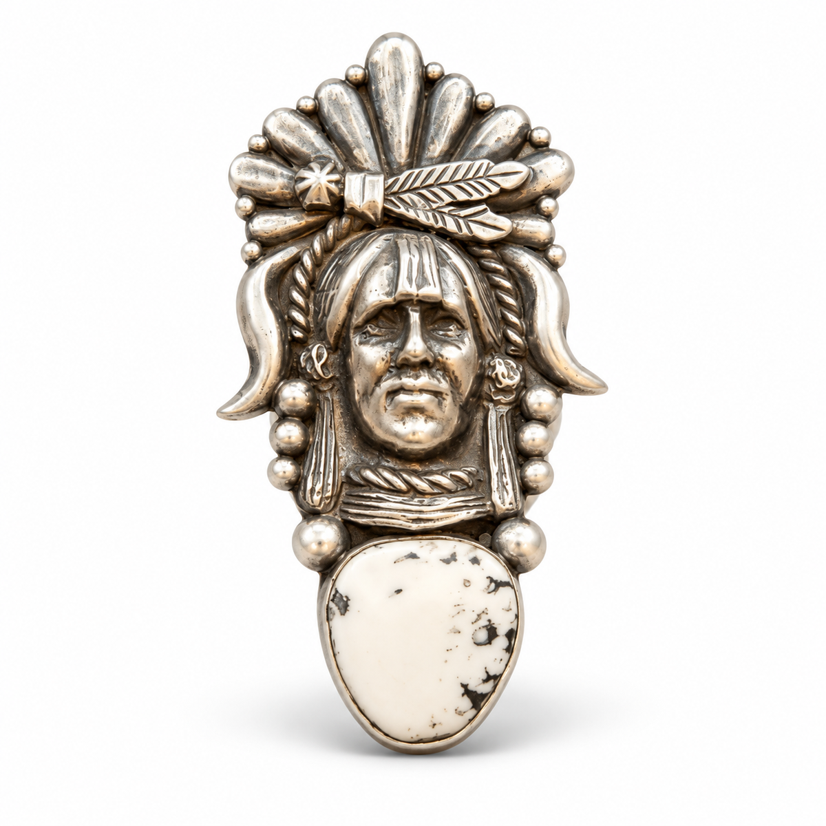 R. Livingston Sterling Silver White Stone Native Portrait Statement Ring