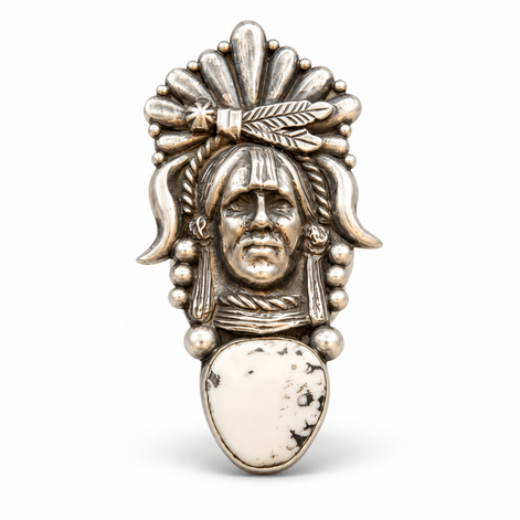 R. Livingston Sterling Silver White Stone Native Portrait Statement Ring