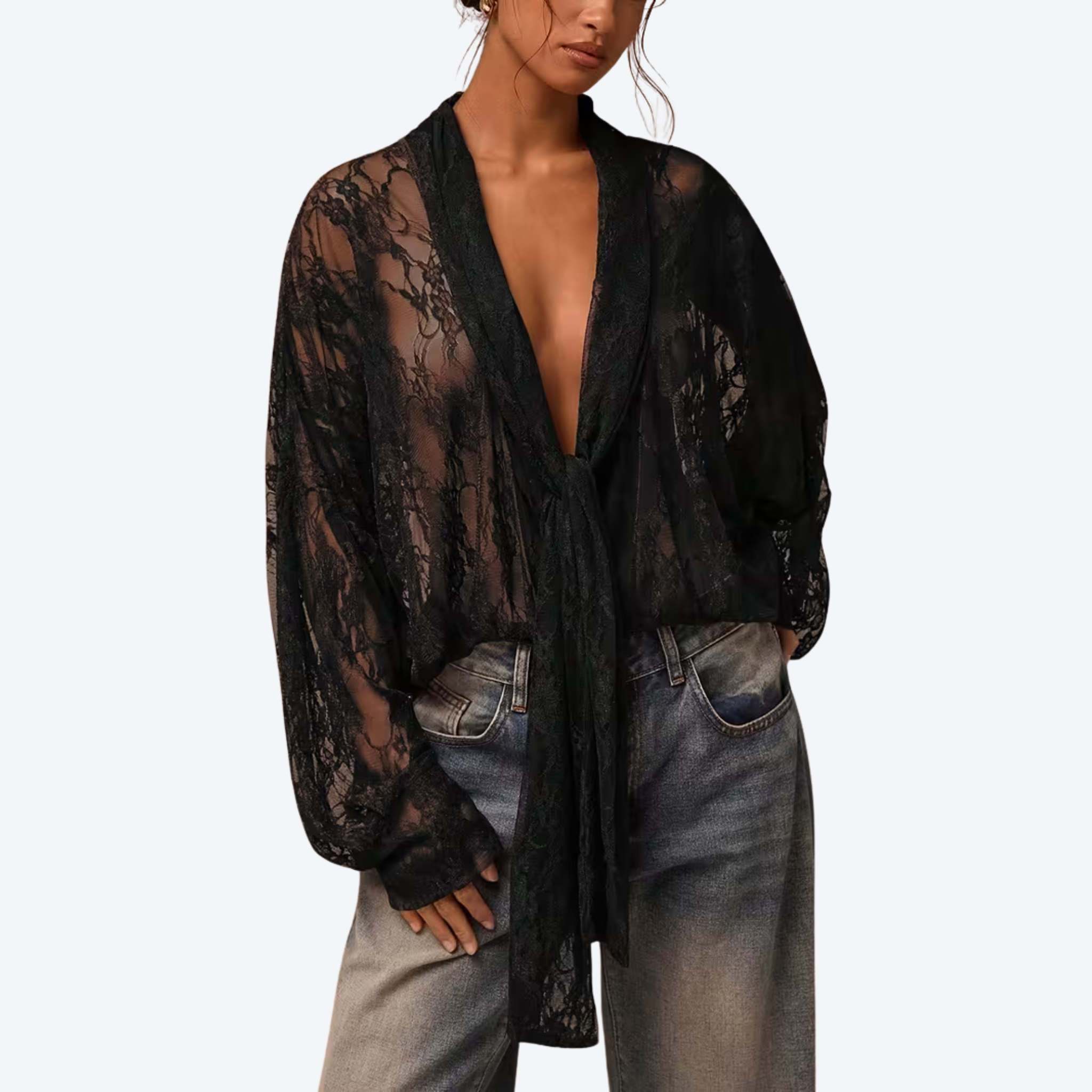 The Midnight Veil Lace Tie Blouse