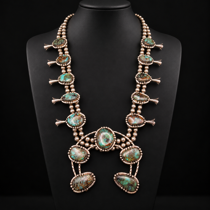 The Desert Sovereign – Turquoise Squash Blossom Statement Necklace