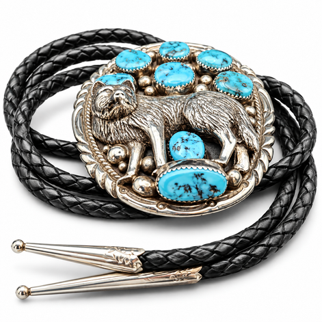 Tommy Moore Navajo Sterling Silver Turquoise Wolf Bolo Tie