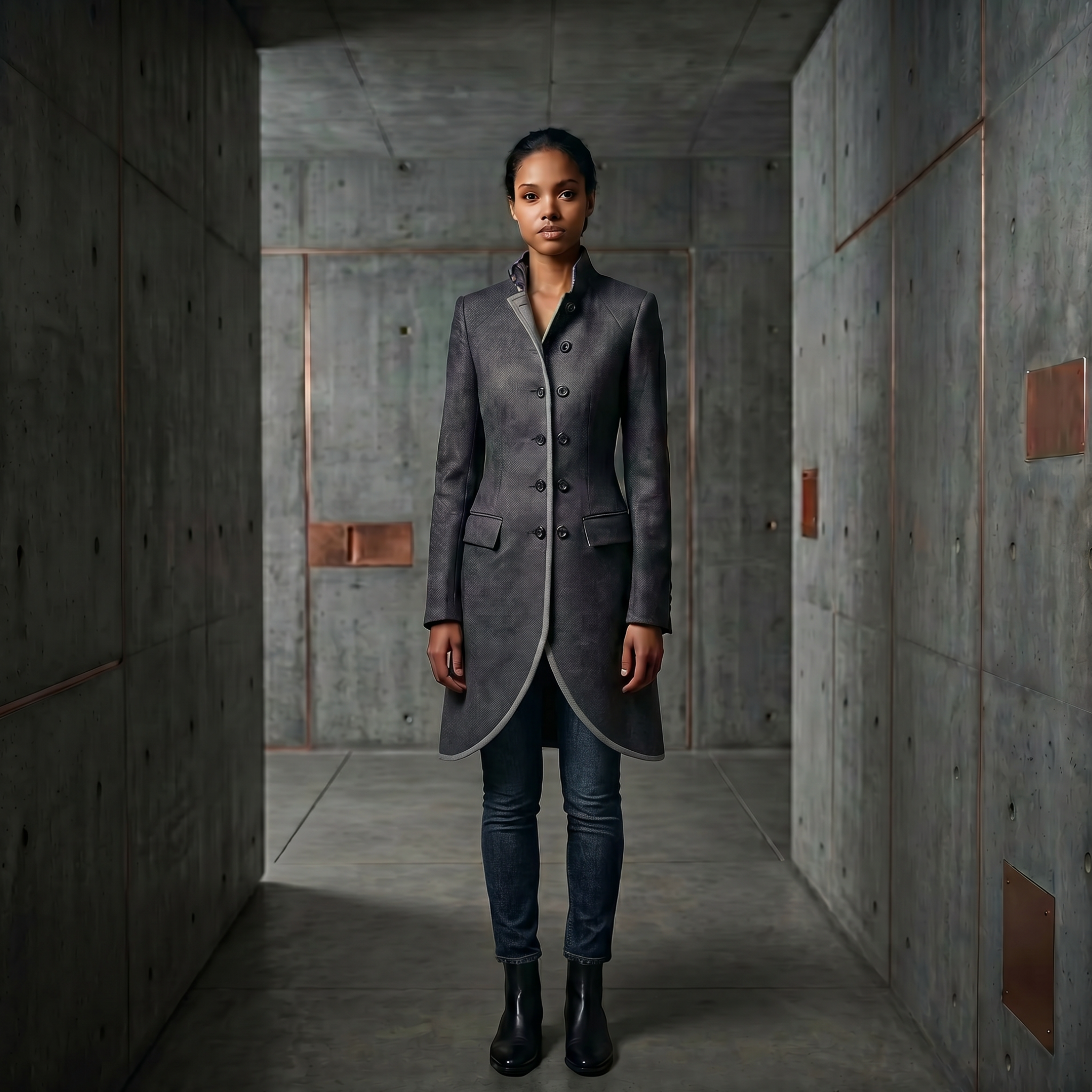 Women’s chargoal luxury military coat by Iron & Iris with sculpted tailored silhouette
